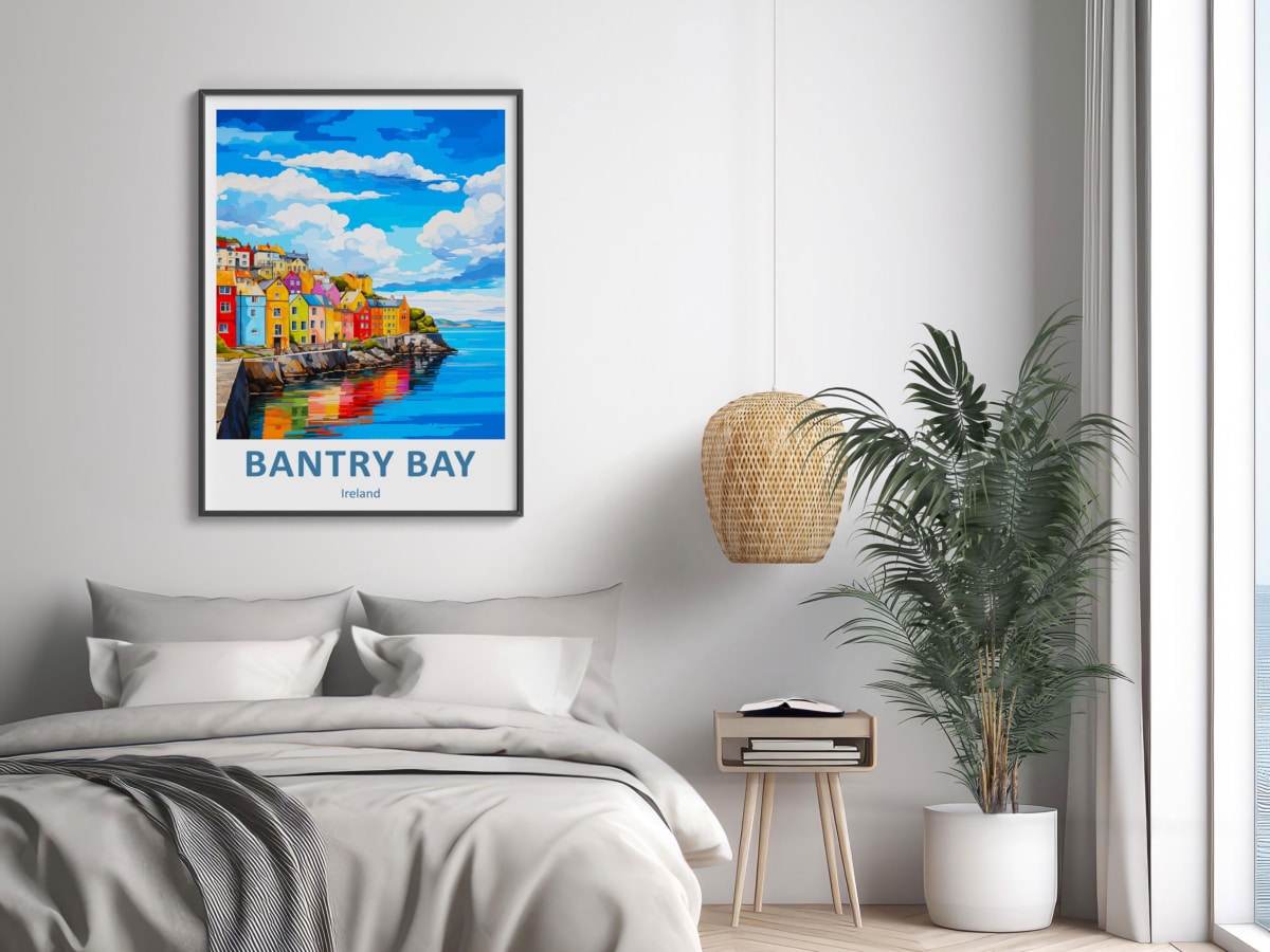 Colorful Bantry Bay poster in modern bedroom decor.