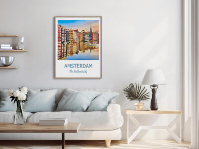 Modern living room with Amsterdam poster on wall.