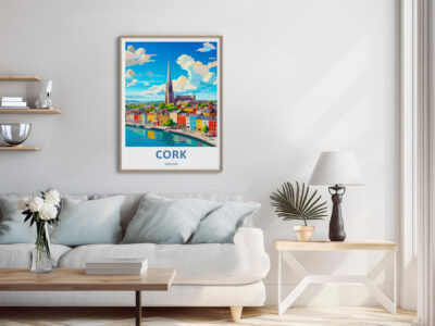 Cozy living room with Cork, Ireland poster.