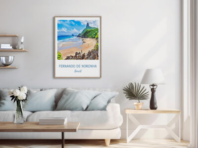 Cozy living room with Fernando de Noronha artwork.