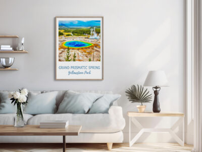 Framed Grand Prismatic Spring photo in modern living room.