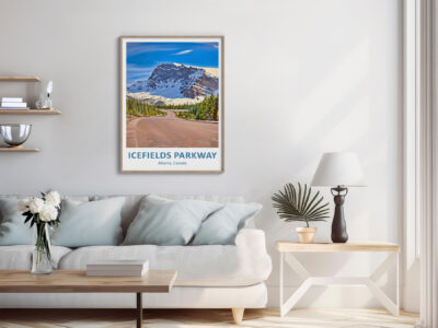Living room with Icefields Parkway poster.