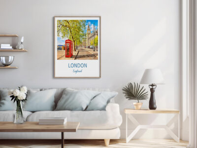 Cozy living room with London wall art.