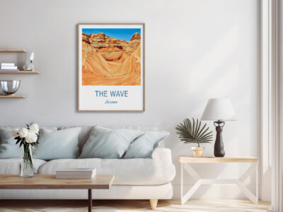 Modern living room with Wave Arizona poster.
