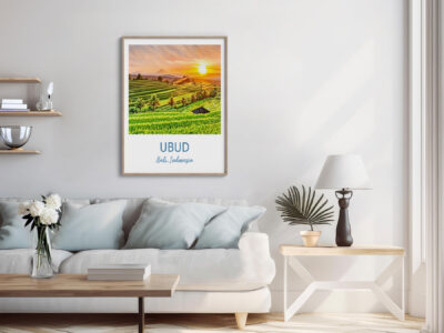 Cozy living room with Ubud landscape poster.