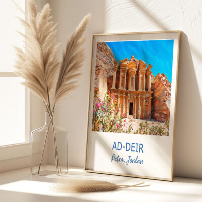 Framed photo of Petra's Ad-Deir with pampas decor.