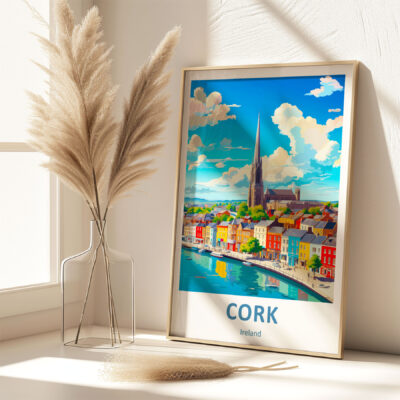 Cork Ireland poster beside pampas grass in vase.