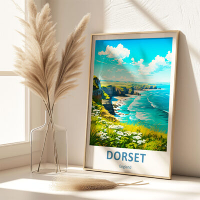 Framed Dorset, England coastal artwork with pampas grass.