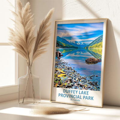 Duffey Lake Provincial Park framed poster on shelf.
