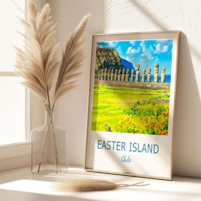 Framed Easter Island photo with pampas grass decor.