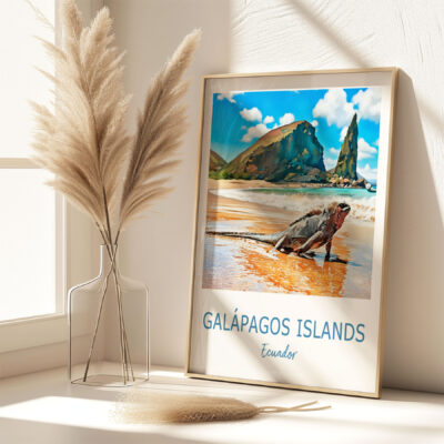 Galápagos Islands poster with iguana and pampas grass