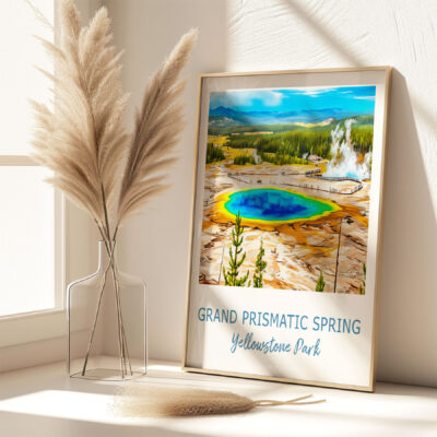 Framed Grand Prismatic Spring artwork on sunny shelf.