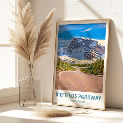 Framed Icefields Parkway poster beside pampas bouquet.