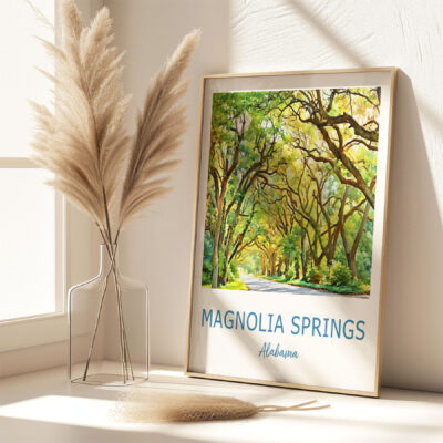 Framed Magnolia Springs painting with pampas grass decor.
