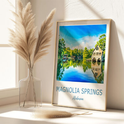 Framed Magnolia Springs landscape photo in bright room.