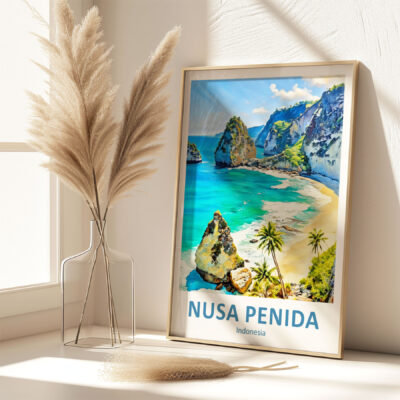 Framed Nusa Penida beach art on sunny windowsill.