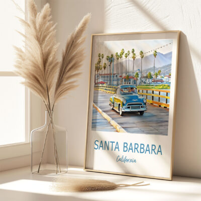 Santa Barbara vintage car poster on sunny desk