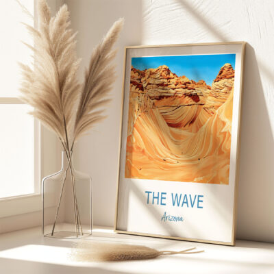 Framed 'The Wave' Arizona print on shelf.