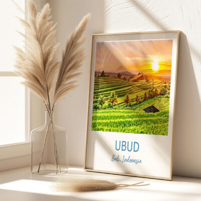 Framed Ubud artwork beside decorative pampas grass.