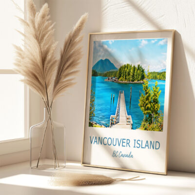Framed Vancouver Island print on shelf beside pampas grass.