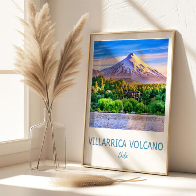 Framed Villarrica Volcano poster beside pampas grass.