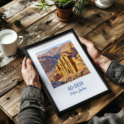 Framed photo of Ad-Deir, Petra on wooden table.