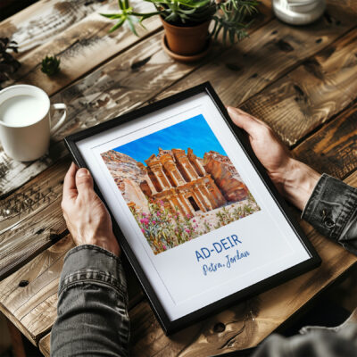Framed photo of Petra's Monastery on wooden table.