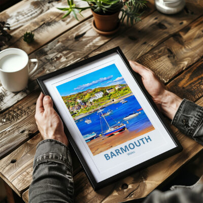 Person holding framed Barmouth artwork on wooden table