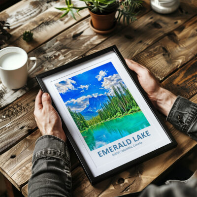 Framed Emerald Lake photo on wooden table.