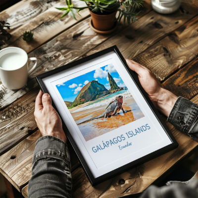 Framed Galápagos Islands photo on wooden table.