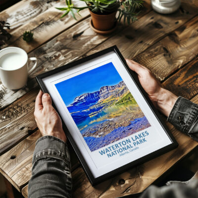 Framed Waterton Lakes National Park photo on wooden table.