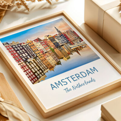 Framed Amsterdam cityscape artwork on display.