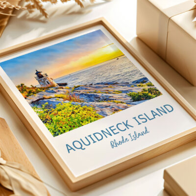 Framed Aquidneck Island artwork with lighthouse and ocean view.