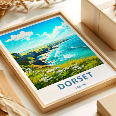 Framed Dorset coast artwork with blue sky and ocean.