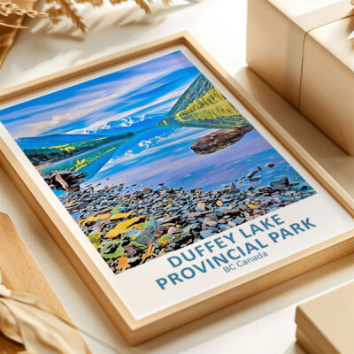 Duffey Lake artwork with rocks and mountains