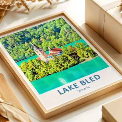 Lake Bled framed artwork on table