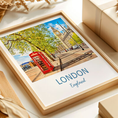 Framed London print with red phone booth.