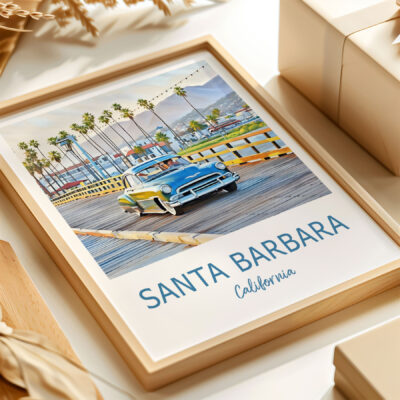 Framed photo of vintage car on Santa Barbara pier.