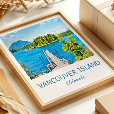 Framed painting of a dock on Vancouver Island.