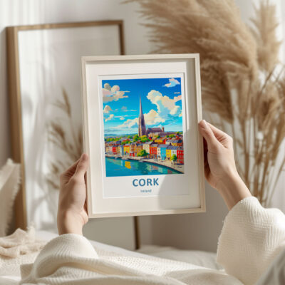 Framed Cork cityscape print held in hands