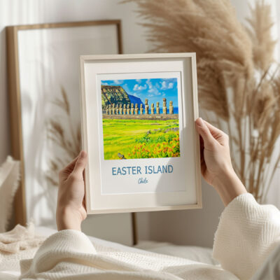 Person holding Easter Island picture frame