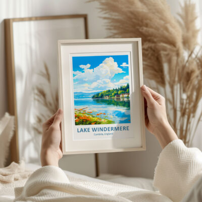 Framed Lake Windermere artwork held by hands.