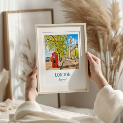 Framed photo of London street view with phone booth.