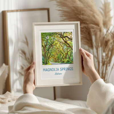 Framed painting of Magnolia Springs, Alabama.