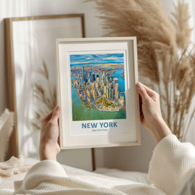 Person holding framed New York cityscape poster.