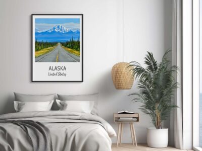 Alaska poster over modern bedroom setting with plant.