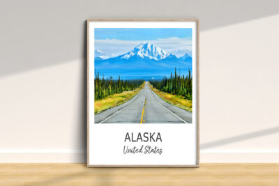 Alaska road and mountains in frame