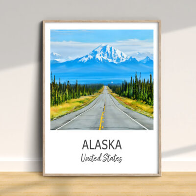 Alaska road and mountains in frame