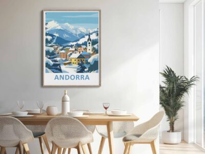 Dining room with Andorra poster on wall.