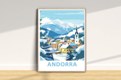 Andorra winter village poster with snowy mountains.